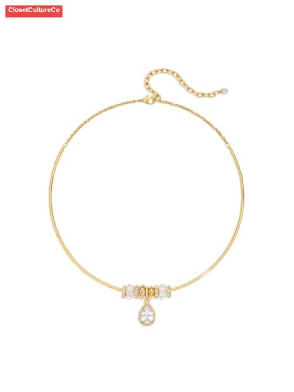 Gold Plated Beaded Choker Necklace with Teardrop Pendant for Women